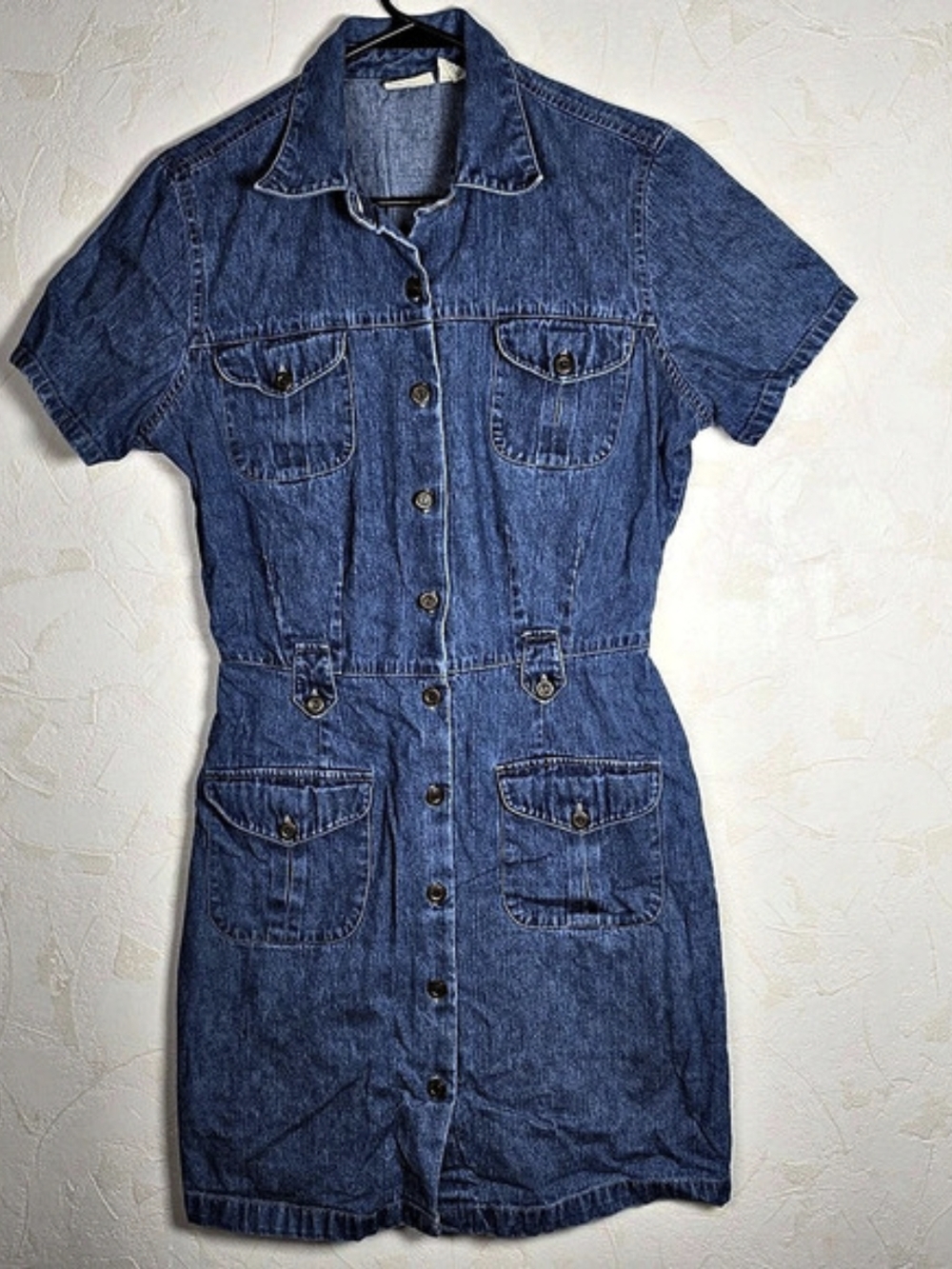 Vintage Denim Mini Dress Button Front Pockets 90s Y2k Grunge Womens Size 12